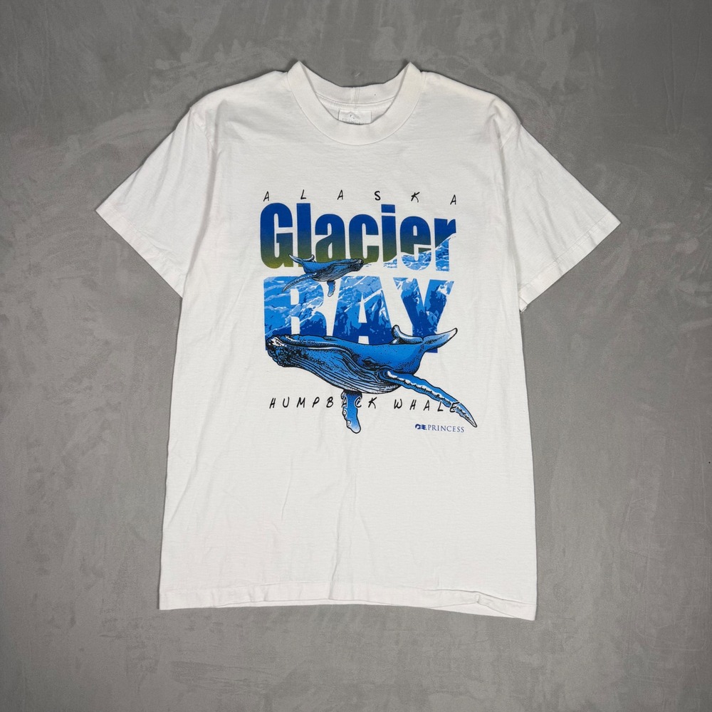 90s Mens Princess Alaska Glacier Bay Humpback Whale Graphic Tee White Small